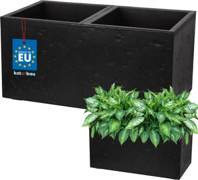 Image de KOTARBAU® Pot de fleurs rectangulaire 58 x 29 x 29 cm Cache-pot aspect béton en PVC Pot de fleurs pour l'extérieur & l'intérieur Noir Cache-pot avec pot intérieur