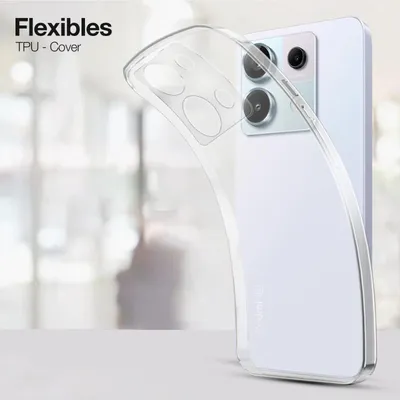 A clear TPU phone case is shown partially covering a white smartphone, highlighting its flexibility and transparency.