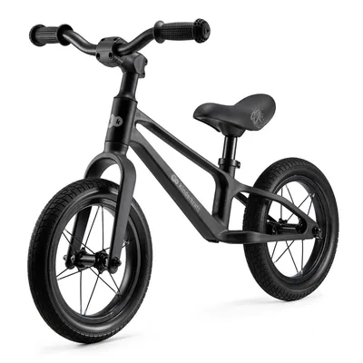 A black balance bike for children is shown against a white background.