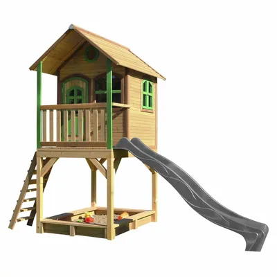 Produktbild von AXI Spielhaus Sarah mit Sandkasten & grauer Rutsche | Stelzenhaus in Braun & Grün aus  Holz für Kinder | Spielturm mit Wellenrutsche für den Garten