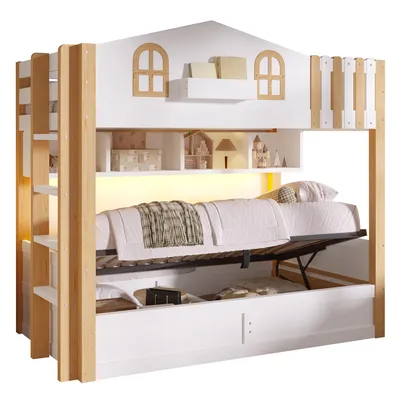 Produktbild von Etagenbett mit 2 Liegeflächen, 2 Lattenrosten, Stauraum, LED-Streifen, Trittleiter, Rausfallschutz und Regal, 90x200 cm, Kinderbett, Holzbett, Kiefer