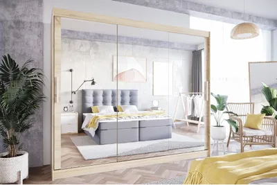 Produktbild von Easy4You LIII 250 cm Sonoma Schiebetüren Kleiderschrank 250x215x58 cm mit Spiegel - Schlafzimmermöbel, Aufbewahrung - Mehrzweckschrank