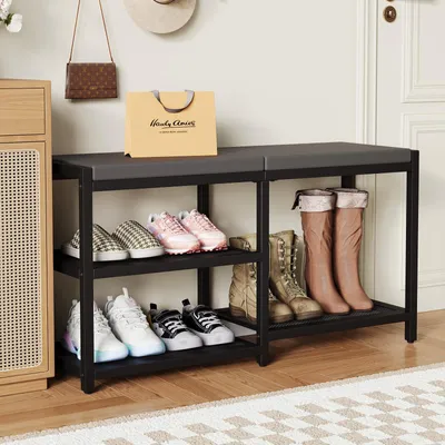 Sitzbank mit Schuhregal, 90x30x43 cm, schwarz, Metall, 150 kg