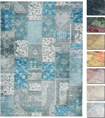 Produktbild von TESSO Living | Patchwork Teppich - Vintage Orientalisch - Kurzflor Wohnzimmer - blau - 155 x 210 cm