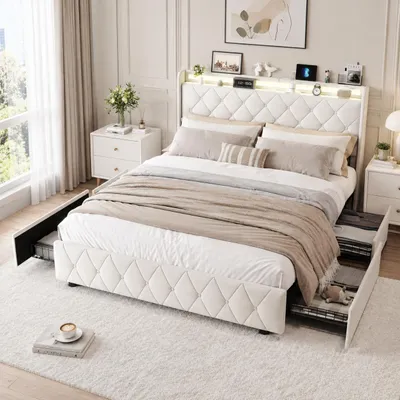 Produktbild von INONEFT Polsterbett 140 x 200 cm, Erwachsenenbett mit LED und USB, Doppelbett mit 4 Schubladen und Lattenrost, Jugendbett, Samt, Beige, ohne Matratze