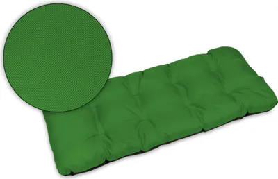 A green bench cushion is shown on a white background, with a close-up inset of the fabric texture.