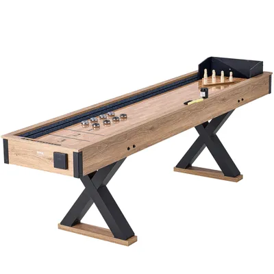 A shuffleboard table with accessories, set against a white background.
