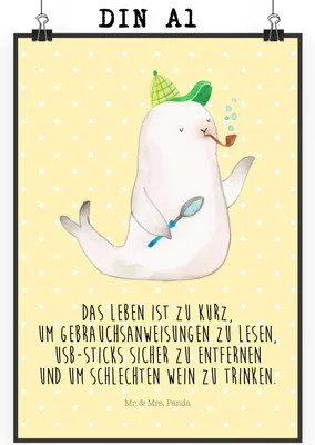 Produktbild von Mr. & Mrs. Panda Bild Robbe Sherlock DIN A1 - Gelb Pastell - Geschenk, drucke, wanddeko, Wandbild, Lustige Sprüche, Posterdruck, Kunstdruck