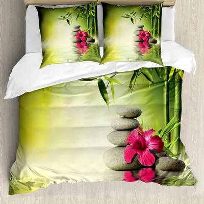 Immagine prodotto di Set copripiumino ABAKUHAUS Spa, pietre e foglie di bambù sull'acqua, tema meditazione fresca, 155 x 220 cm + 80 x 80 cm, verde mela magenta