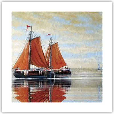 Produktbild von Poster - Poster ohne Rahmen - Segelschiffe Öl Orange - 40x40 cm - Wand Bild - Wanddeko - Wandbilder - Kunstposter - Wandposter - Bilder - Kunstdruck - Wanddekoration - Wandbild - P2XAC40x40-4404