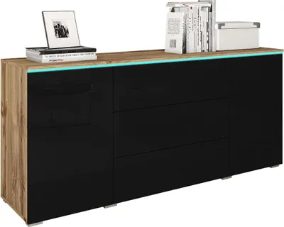 Produktbild von MIRJAN24 Kommode Vera, Griffloses Öffnungssystem, Sideboard, Stilvoll Highboard Schrank (Farbe: Wotan / Schwarz Hochglanz, mit RGB LED Beleuchtung)