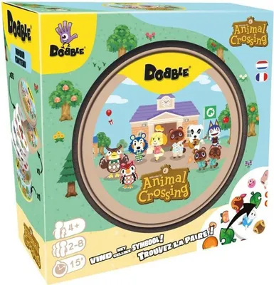 The image shows the packaging of the Dobble Animal Crossing card game.