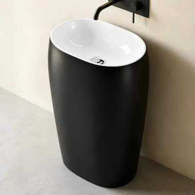 Produktbild von Mai & Mai Design Standwaschbecken freistehend in schwarz und weiß, aus Mineralguss, Waschtisch, BTH: 53.5x36x85cm Col32