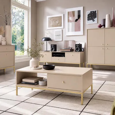Productafbeelding van RAVIO Rechthoekige salontafel Bari, 104x46 cm, met twee lades (beige met gouden poten)