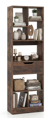 Produktbild von COSTWAY Bücherregal mit 8 Fächern & Schublade, Bücherschrank Holz Raumteiler, offenes Standregal mit Kippschutz, Ausstellungsregal 50x24x155 cm, Braun