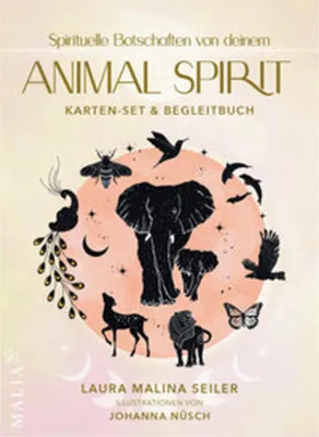 The image is the cover of a card set and accompanying book titled 'Animal Spirit'. It features illustrations of various animals arranged around a central illustration of elephants.