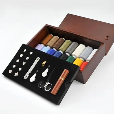 Imagen del producto de Caja de costura de madera, cajón extraíble multifuncional de madera maciza, color: nogal