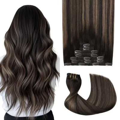 Immagine prodotto di Estensione per capelli in clip, capelli naturali, 50 cm, 7 pezzi, colore #2/6/2 (marrone scuro/marrone medio), 120 grammi