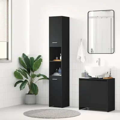 Image de Armoire de salle de bain - Meuble de rangement - Organisateur de salle de bain - 6 compartiments, 2 portes - 30x30x183,5 cm - Noir