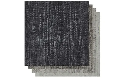 Selbstklebende Teppichfliesen. Farben: Anthrazit, Hellgrau, Grau, Beige-Grau.