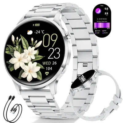 Zdjęcie produktu dla Inteligentny zegarek damski z funkcją telefonu. Cienki, AMOLED, elegancki smartwatch dla kobiet, kompatybilny z Androidem i iOS. Monitoruje tętno, sen oraz cykl menstruacyjny. Wykonany z wysokiej jakości stali nierdzewnej, kolor srebrny