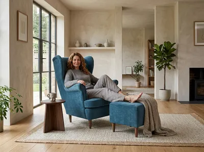 Produktbild von Ohrensessel mit Hocker DIANA Royal – Set mit Knopfheftung, Velours Blau, Family Meble, KI-generiertes Bild