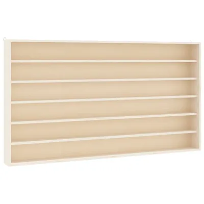 A wall-mounted display shelf with multiple compartments.