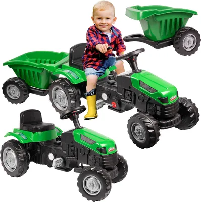 Produktbild von MalPlay Großer Traktor mit Anhänger XXL Tretfahrzeug verstellbarer Sitz belastbar Lenkrad mit Hupe bis 50 kg Kinder ab 3 Jahren Grün