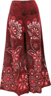 Produktbild von Palazzohose, Boho Flower Power Baumwollhose, Hosenrock mit Blüten, Schlaghose - Rot, Damen, Baumwolle, Größe: S/M