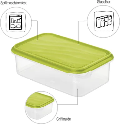 A clear plastic food storage container with a lime green lid, shown from a slightly elevated angle. Callouts highlight features like dishwasher safety, stackability, and a grip recess.