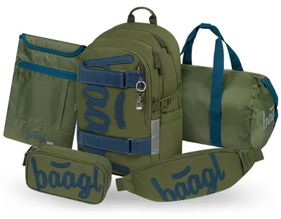 Produktbild von Baagl Schulrucksack Set Jungen 5 Teilig Schulranzen 25 l - Olive