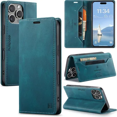 Obrázek produktu pro Pouzdro pro iPhone 16 Pro, RetroPolyuretanKožené Pouzdro, Stojánek a Ochranné Pouzdro modré