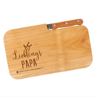 Produktbild von Frühstücksbrett mit Messer und Gravur – Geschenk für Mama, Papa, Freunde & Familie - Brettchen aus geöltem Erlenholz (Lieblingspapa)