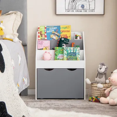 Produktbild von Kinderregal mit 3 Ablagen & Rollender Spielzeugkiste Kinder Bücherregal Grau + Weiß