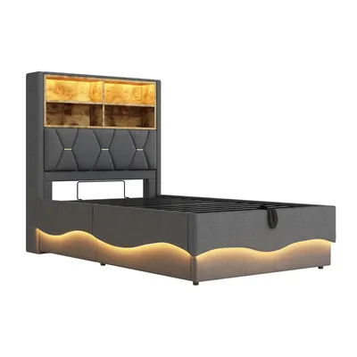 Produktbild von Flieks Polsterbett 90x200cm mit Stauraum, Jugendbett Einzelbett mit Usb und Led, Boxspringbett Stauraumbett mit Metalllattenrost, Leinen, Grau