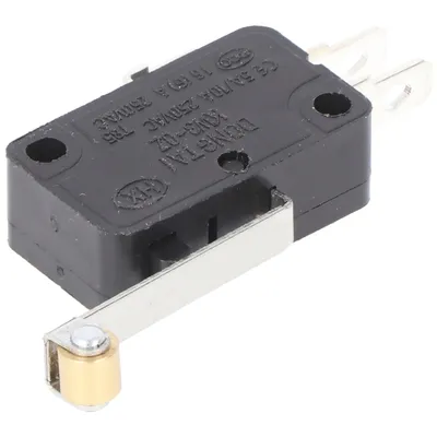 A close-up studio shot of a microswitch with a roller lever.