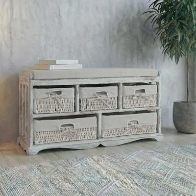 Produktbild von Kommode und Sitzbank mit 5 Schubladen, 45x77x36cm, Shabby-Look, Vintage  weiß