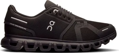A studio shot of a black On running shoe.