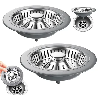 Immagine prodotto di Sifone di scarico 3-in-1 in acciaio inossidabile, 2 pezzi, per lavelli, diametro 78-85 mm, colore argento