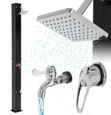 A collage of shower components including a black solar shower column, a shower head with water spraying, and two faucets.