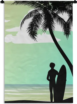 Produktbild von MuchoWow® Wandteppich Wandbehang Meer - Surfbrett - Palme 90x135 cm Tapisserie Dekoration Wandtuch - Baumwolle - Wandskulptur