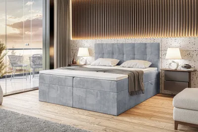 A bedroom scene with a bed, nightstand, and balcony.