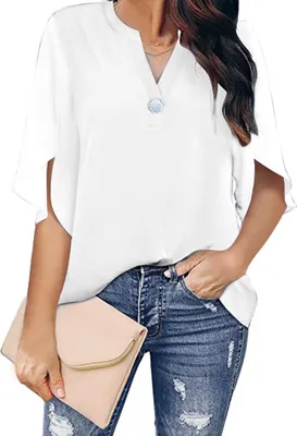Produktbild von ASKSA Damen Bluse Chiffon Elegant Knöpfen V-Ausschnitt Hemden Casual Einfarbig Oberteile, Weiß, S
