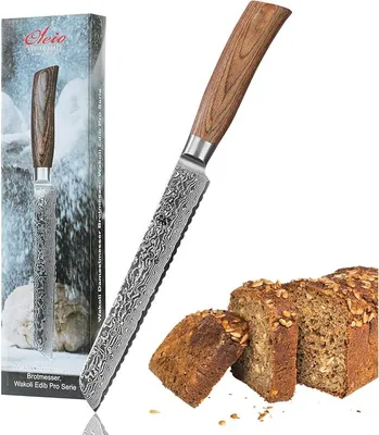 Imagen del producto de Cuchillo para pan profesional, con hoja de 20 cm fabricada en acero damasco con núcleo de acero VG10