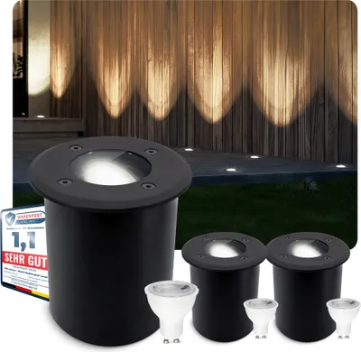 Produktbild von SSC-LUXon 3 Stück JUAVI Bodenleuchte Einbau aussen schwarz schwenkbar - dimmbare Außenleuchte Garten mit GU10 LED neutralweiß 7W
