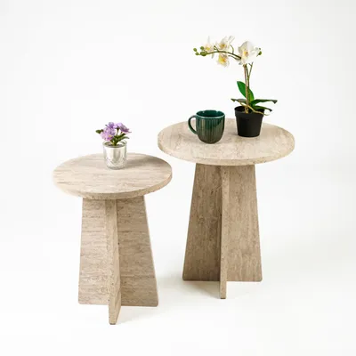 Produktbild von Travertin Runden Nesting Tisch Set von 2 Moderne Couchtisch für Wohnzimmer Side / End Tabelle (Runden)