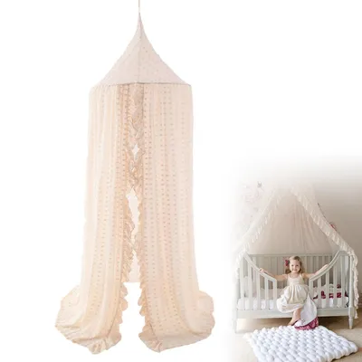 Produktbild von Betthimmel mit Pompons und Moskitonetz für Kinderbett, Dekoratives Prinzessin Zelt, Kinderzimmer Hängevorhang,60*240cm,Beige