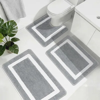 Produktbild von Badezimmerteppich Set 3 Teilig Badematte rutschfest Grau Badteppich und WC Vorleger Badvorleger Waschbar Microfaser für Badezimmer Badewanne und Toilette