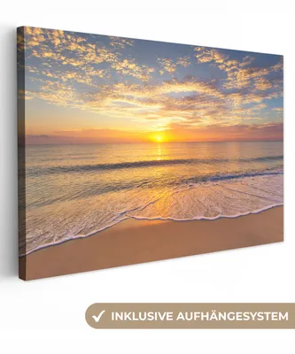 Produktbild von MuchoWow® - Leinwandbilder - Strand - Sonnenuntergang - Meer, Wandbild, Wanddeko Bilder Wohnzimmer, 120x80cm