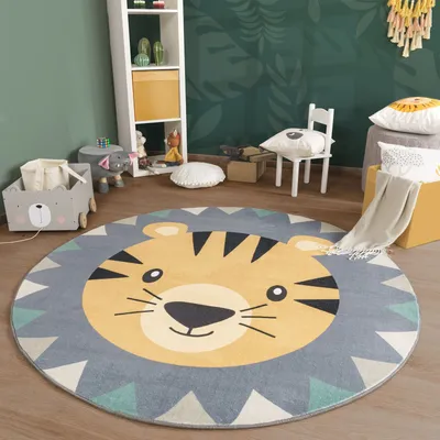 Produktbild von TT Home Waschbarer Kinderteppich Teppich Kinderzimmer Rund Spielteppich Löwe Bär Muster Größe 160 cm Rund